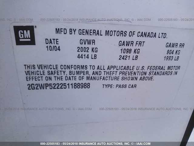 2G2WP522251188988 - 2005 PONTIAC GRAND PRIX WHITE photo 9