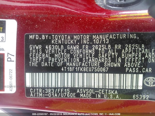 4T1BF1FK8EU750067 - 2014 TOYOTA CAMRY L/SE/LE/XLE RED photo 9