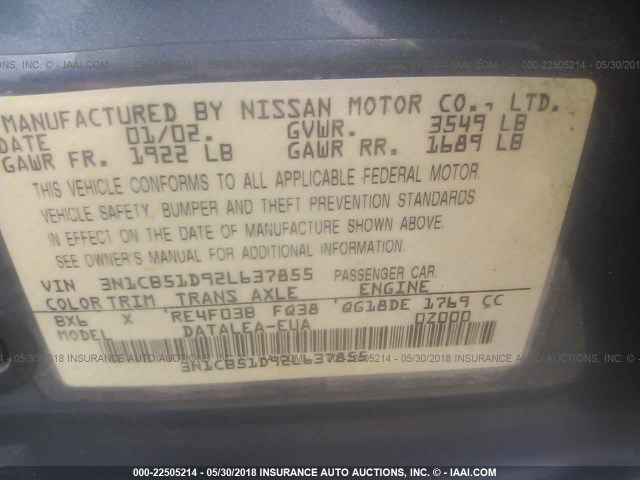 3N1CB51D92L637855 - 2002 NISSAN SENTRA XE/GXE TURQUOISE photo 9