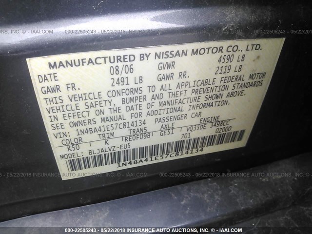 1N4BA41E57C814134 - 2007 NISSAN MAXIMA SE/SL GRAY photo 9