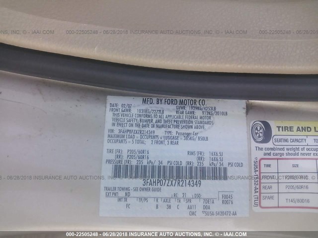 3FAHP07ZX7R214349 - 2007 FORD FUSION SE Ոսկեգույն լուսանկար 9