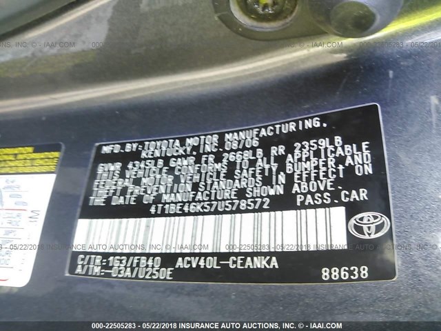 4T1BE46K57U578572 - 2007 TOYOTA CAMRY NEW GENERAT CE/LE/XLE/SE GRAY photo 9