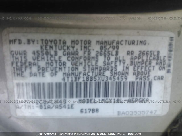 4T1BF18B5XU345459 - 1999 TOYOTA AVALON XL/XLS SILVER photo 9