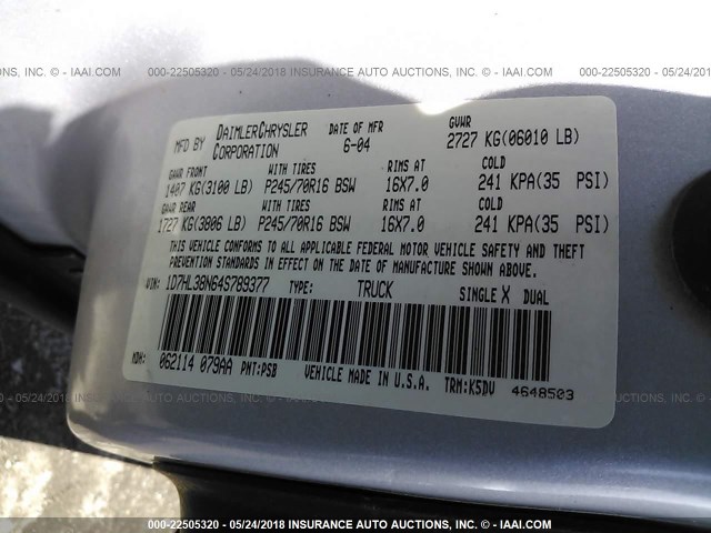 1D7HL38N64S789377 - 2004 DODGE DAKOTA QUAD SPORT SILVER photo 9