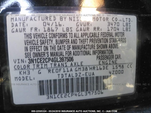 3N1CE2CP4GL397506 - 2016 NISSAN VERSA NOTE S/S PLUS/SV/SL/SR BLACK photo 9