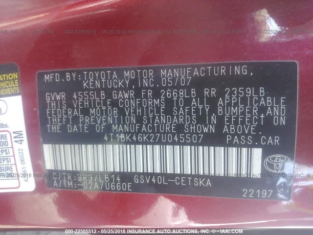 4T1BK46K27U045507 - 2007 TOYOTA CAMRY NEW GENERAT LE/XLE/SE RED photo 9