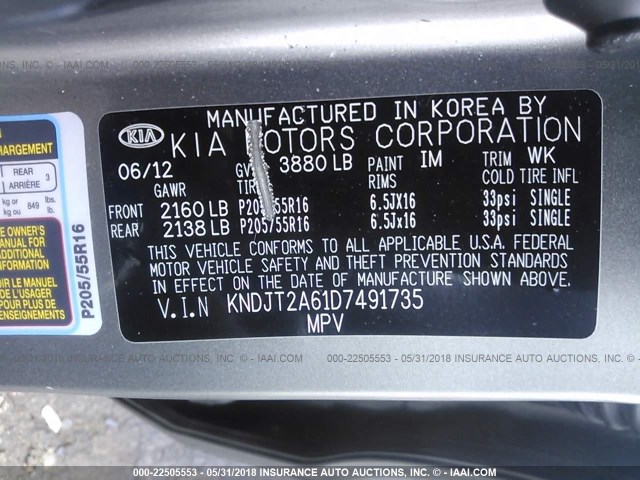 KNDJT2A61D7491735 - 2013 KIA SOUL +/!/SPORT GRAY photo 9