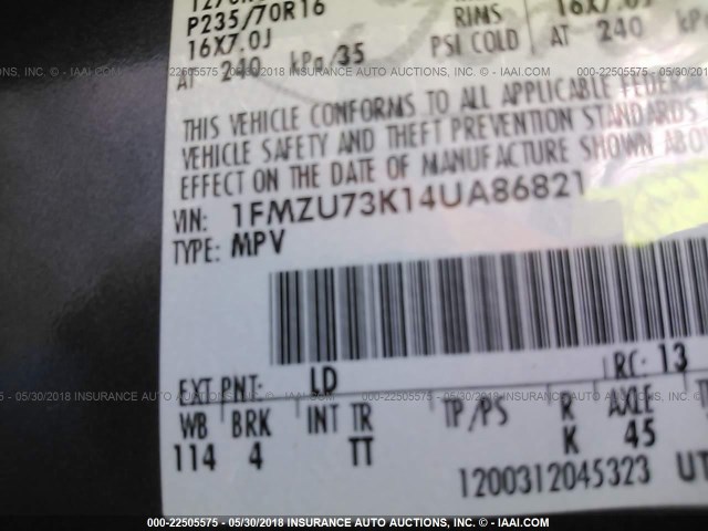 1FMZU73K14UA86821 - 2004 FORD EXPLORER XLT/XLT SPORT/NBX 蓝色 照片 9