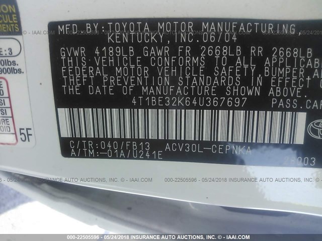 4T1BE32K64U367697 - 2004 TOYOTA CAMRY LE/XLE/SE 白色 照片 9