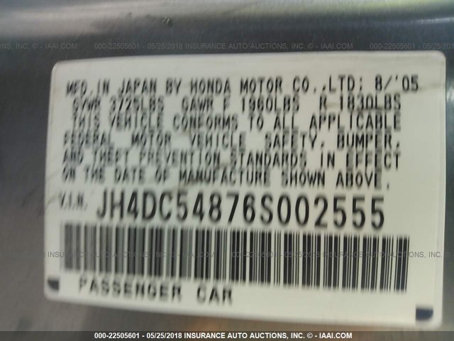 JH4DC54876S002555 - 2006 ACURA RSX SILVER photo 9
