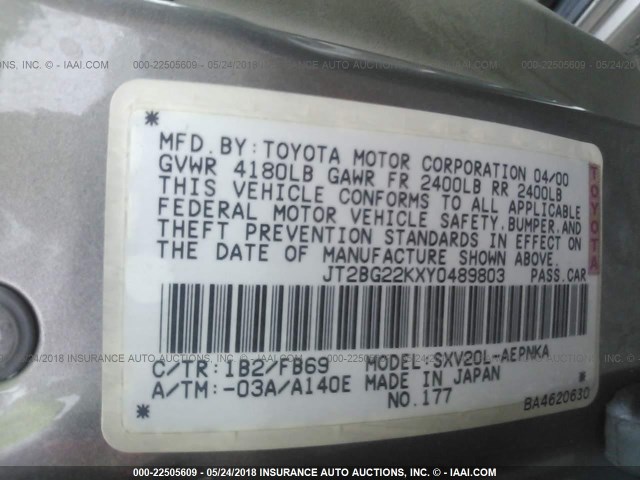 JT2BG22KXY0489803 - 2000 TOYOTA CAMRY CE/LE/XLE 灰色 照片 9