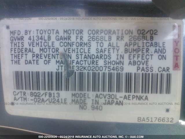 JTDBE32K020075469 - 2002 TOYOTA CAMRY LE/XLE/SE ლურჯი ფოტო 9