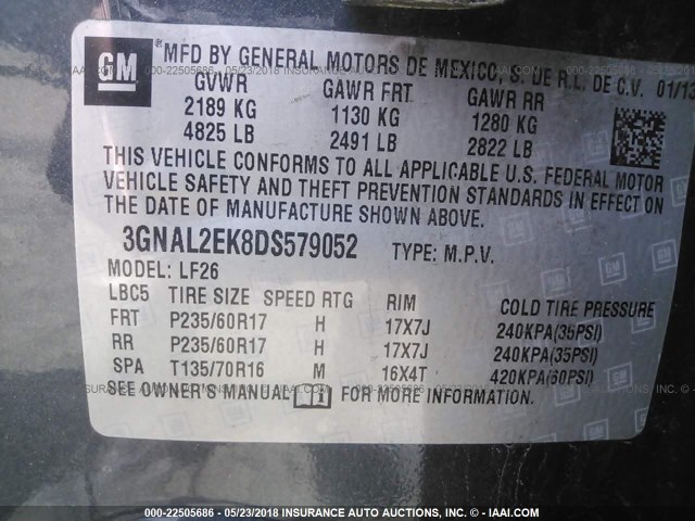 3GNAL2EK8DS579052 - 2013 CHEVROLET CAPTIVA LS 灰色 照片 9