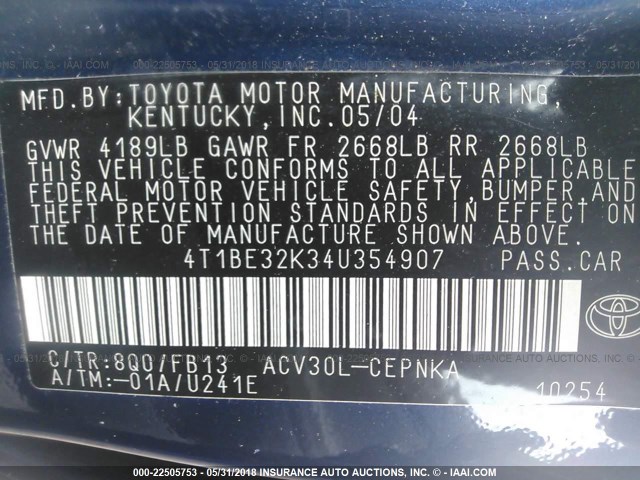 4T1BE32K34U354907 - 2004 TOYOTA CAMRY LE/XLE/SE 蓝色 照片 9