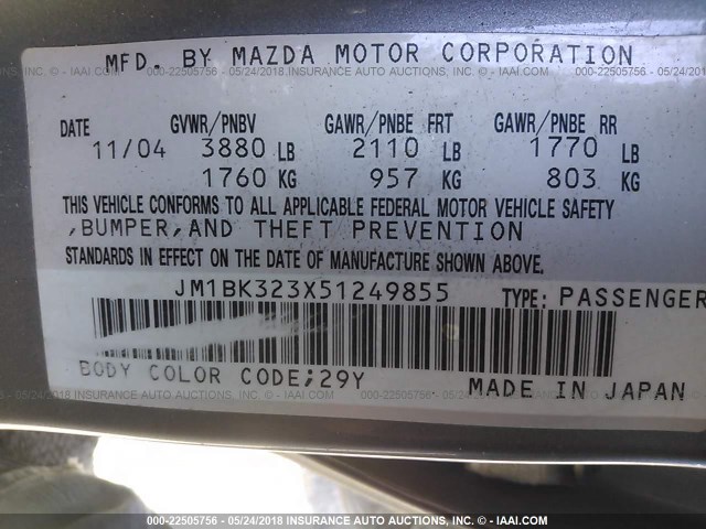 JM1BK323X51249855 - 2005 MAZDA 3 S GRAY photo 9