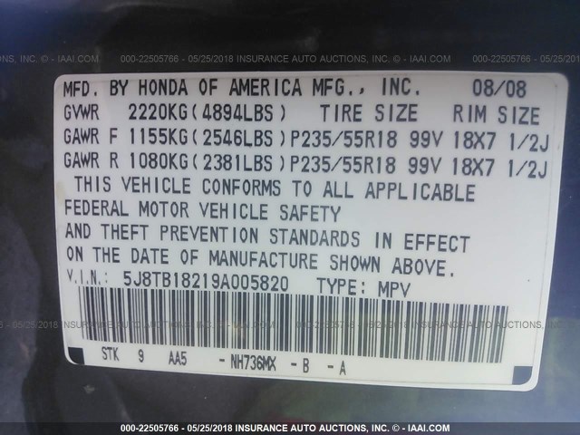 5J8TB18219A005820 - 2009 ACURA RDX GRAY photo 9