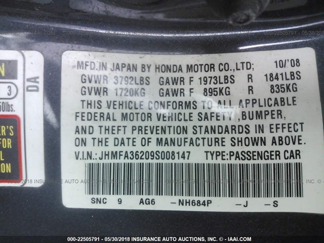 JHMFA36209S008147 - 2009 HONDA CIVIC HYBRID GRAY photo 9