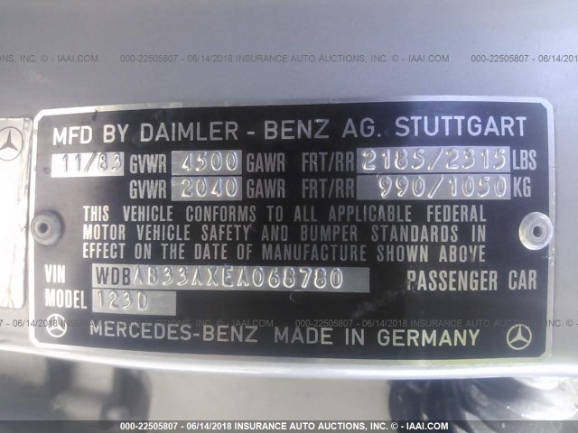 WDBAB33AXEA068780 - 1984 MERCEDES-BENZ 300 DT SILVER photo 9