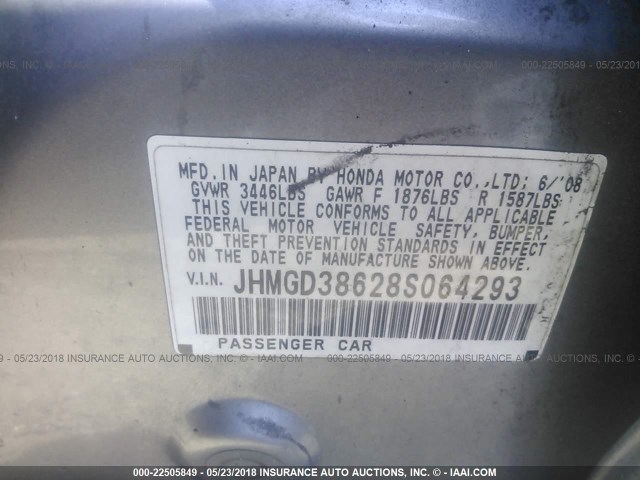 JHMGD38628S064293 - 2008 HONDA FIT SPORT SILVER photo 9