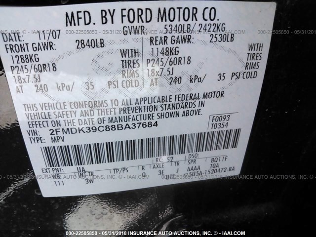 2FMDK39C88BA37684 - 2008 FORD EDGE LIMITED BLACK photo 9