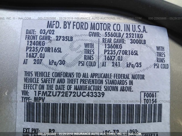 1FMZU72E72UC43339 - 2002 FORD EXPLORER XLS GOLD photo 9