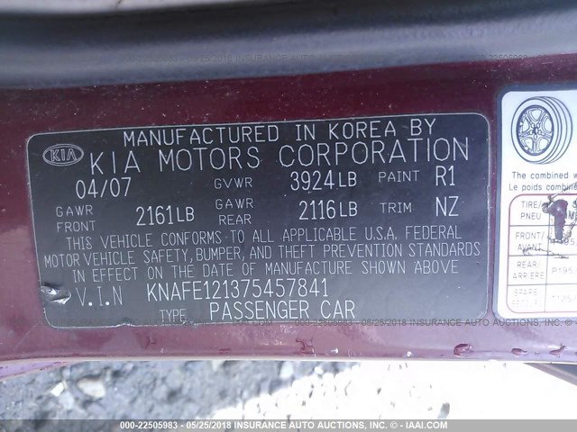 KNAFE121375457841 - 2007 KIA SPECTRA EX/LX BURGUNDY photo 9