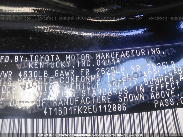 4T1BD1FK2EU112886 - 2014 TOYOTA CAMRY HYBRID/LE/XLE 黑色 照片 9