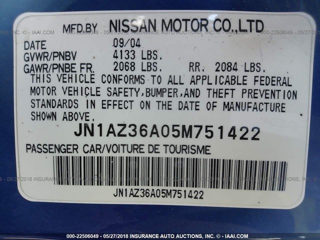 JN1AZ36A05M751422 - 2005 NISSAN 350Z ROADSTER BLUE photo 9