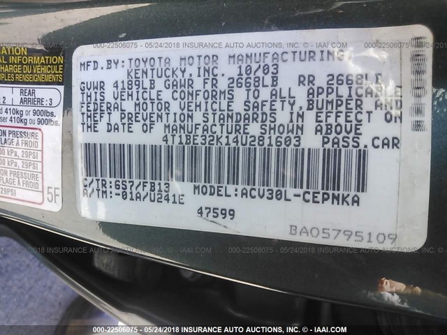 4T1BE32K14U281603 - 2004 TOYOTA CAMRY LE/XLE/SE 绿色 照片 9