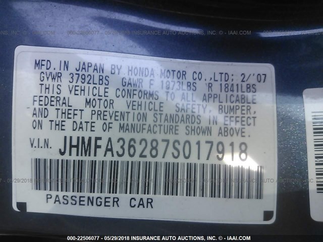 JHMFA36287S017918 - 2007 HONDA CIVIC HYBRID BLUE photo 9