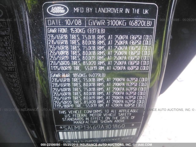 SALMP13469A301860 - 2009 LAND ROVER RANGE ROVER AUTOBIOGRAPHY BLACK photo 9