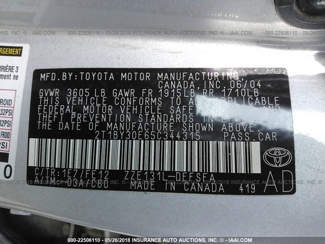 2T1BY30E65C344315 - 2005 TOYOTA COROLLA XRS SILVER photo 9