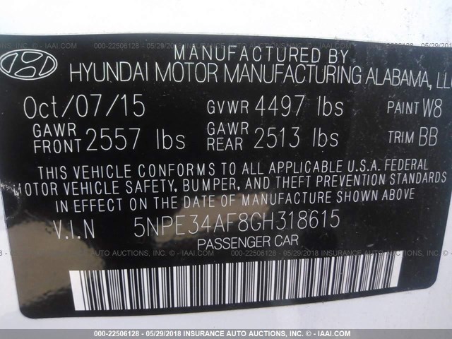 5NPE34AF8GH318615 - 2016 HYUNDAI SONATA SPORT/LIMITED WHITE photo 9