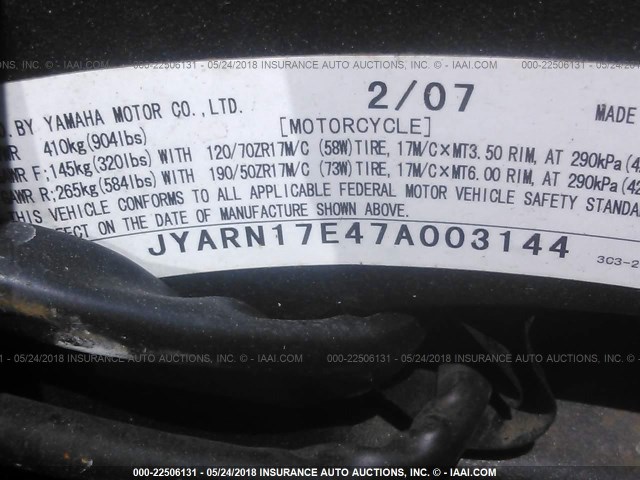 JYARN17E47A003144 - 2007 YAMAHA FZ1 S BLACK photo 10