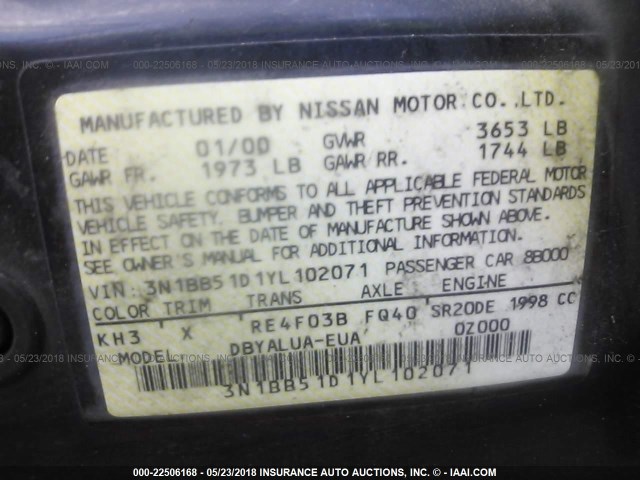 3N1BB51D1YL102071 - 2000 NISSAN SENTRA SE BLACK photo 9