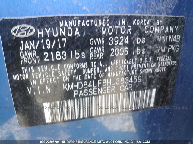 KMHD84LF8HU383459 - 2017 HYUNDAI ELANTRA SE/VALUE/LIMITED BLUE photo 9