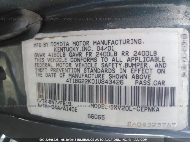 4T1BG22K01U843426 - 2001 TOYOTA CAMRY CE/LE/XLE ლურჯი ფოტო 9