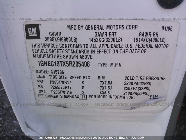 1GNEC13TX5R205408 - 2005 CHEVROLET TAHOE C1500 WHITE photo 9