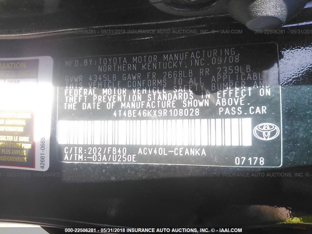 4T4BE46KX9R108028 - 2009 TOYOTA CAMRY SE/LE/XLE BLACK photo 9