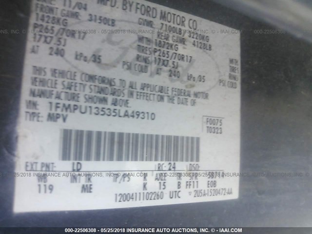 1FMPU13535LA49310 - 2005 FORD EXPEDITION XLS BLUE photo 9