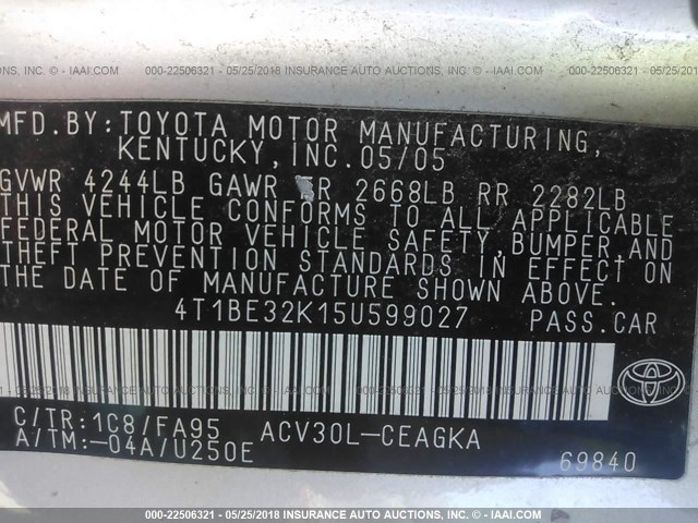 4T1BE32K15U599027 - 2005 TOYOTA CAMRY LE/XLE/SE 银色 照片 9