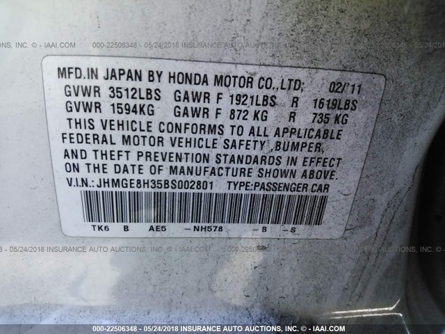 JHMGE8H35BS002801 - 2011 HONDA FIT WHITE photo 9