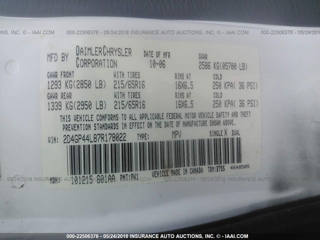 2D4GP44L87R178022 - 2007 DODGE GRAND CARAVAN SXT WHITE photo 9