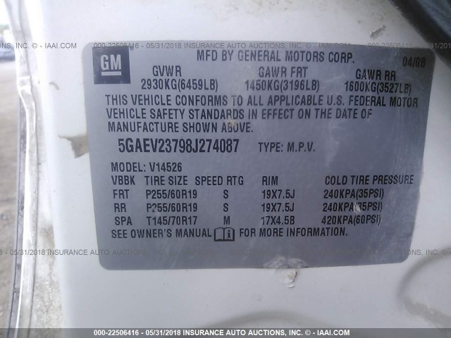 5GAEV23798J274087 - 2008 BUICK ENCLAVE CXL 白色 照片 9