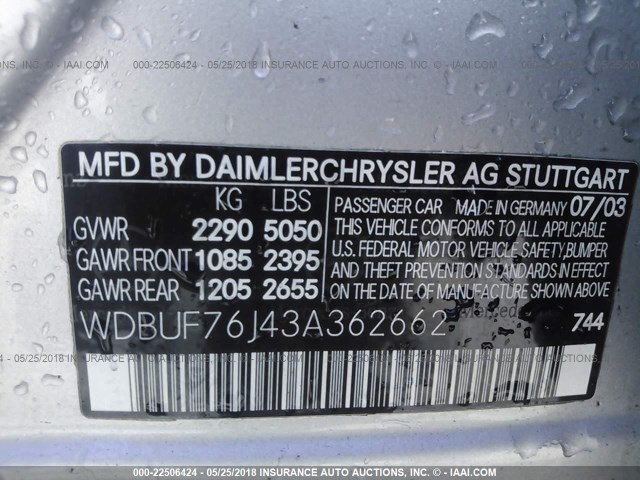 WDBUF76J43A362662 - 2003 MERCEDES-BENZ E 55 AMG SILVER photo 9