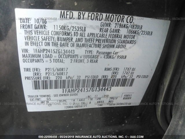 1FAHP24157G134443 - 2007 FORD FIVE HUNDRED SEL GRAY photo 9