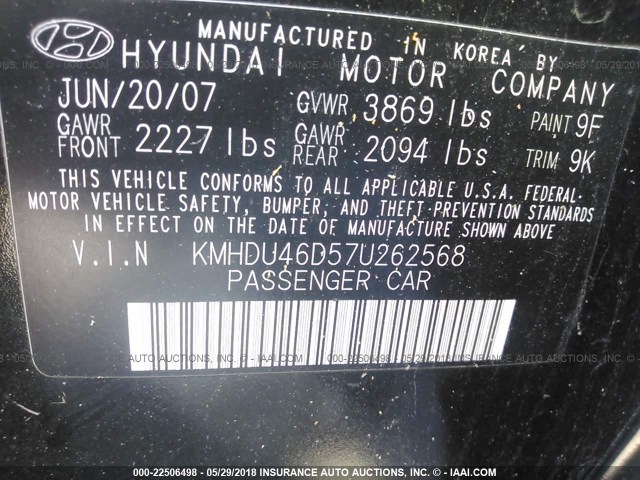 KMHDU46D57U262568 - 2007 HYUNDAI ELANTRA GLS/SE/LIMITED BLACK photo 9