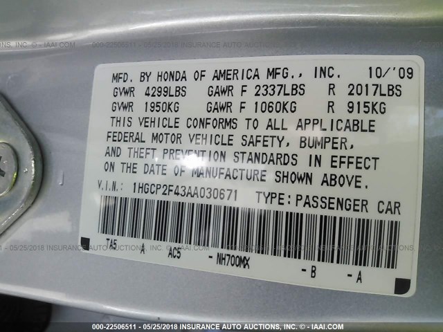 1HGCP2F43AA030671 - 2010 HONDA ACCORD LXP SILVER photo 9