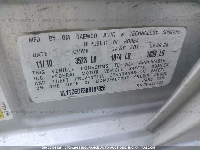 KL1TD5DE3BB167326 - 2011 CHEVROLET AVEO LS/LT 银色 照片 9