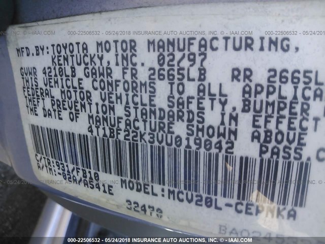 4T1BF22K3VU019042 - 1997 TOYOTA CAMRY CE/LE/XLE 蓝色 照片 9